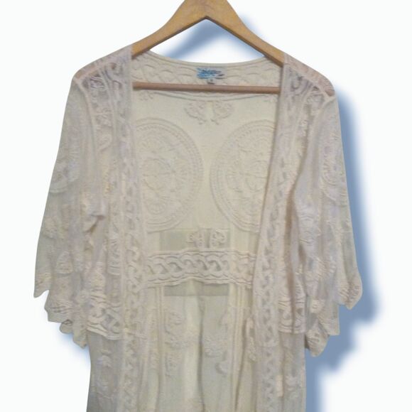 Rebellion Again Lace Kimono-Medium-Duster-Sheer-3/4 Sleeve-Boho-Swim Cover - Picture 2 of 9